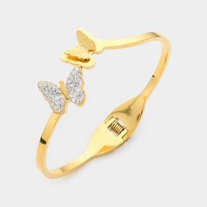 Gold Rhinestone Crystal Butterfly Cuff Bracelet Hinged Bangle
